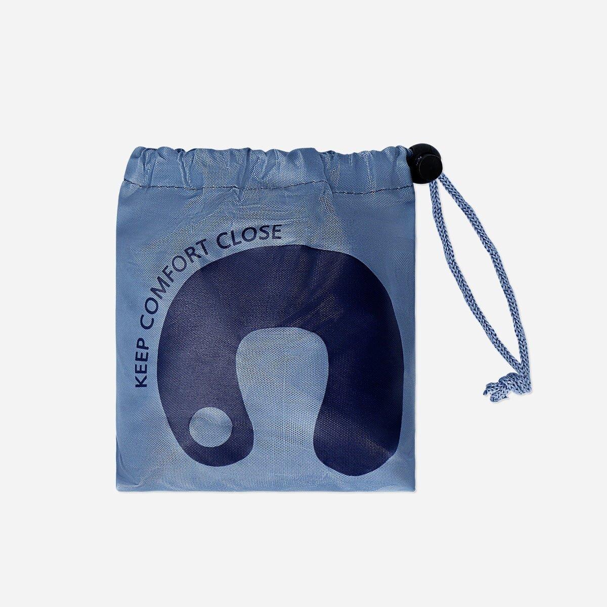 Blue Inflatable Travel Pillow In Drawstring Bag