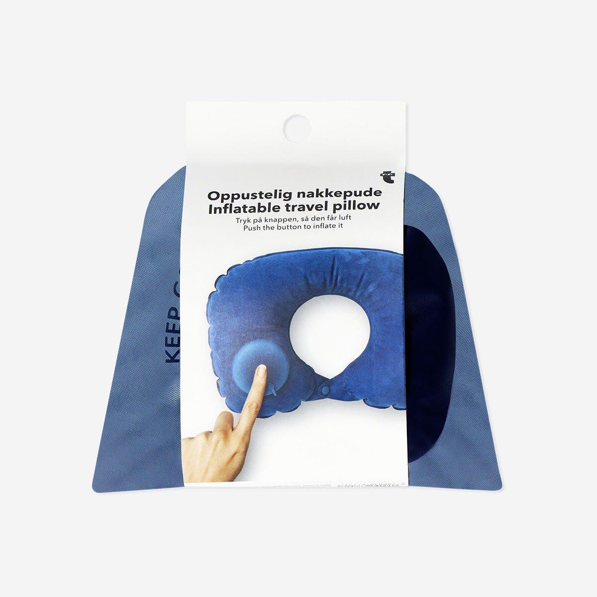 Blue Inflatable Travel Pillow In Drawstring Bag